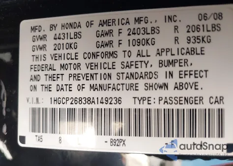 2008 Honda Accord 2.4 Ex-L z USA, uszkodzony, nr VIN 1HGCP26838A149236
